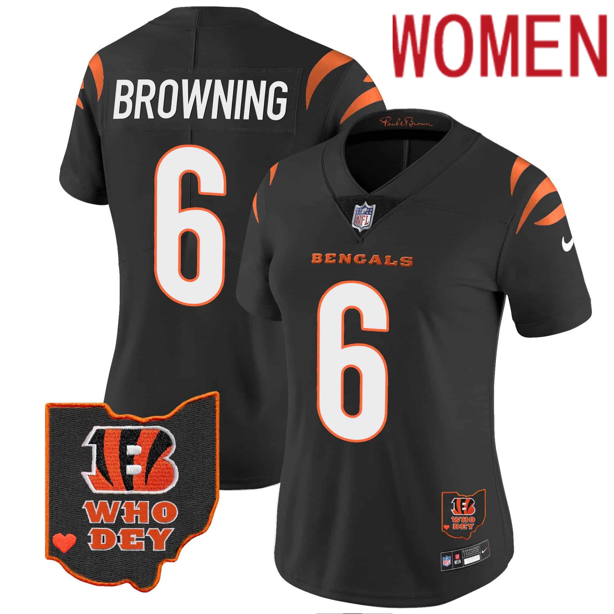 Women Cincinnati Bengals #6 Browning Black 2024 Nike Patch Vapor Limited NFL Jersey style 1